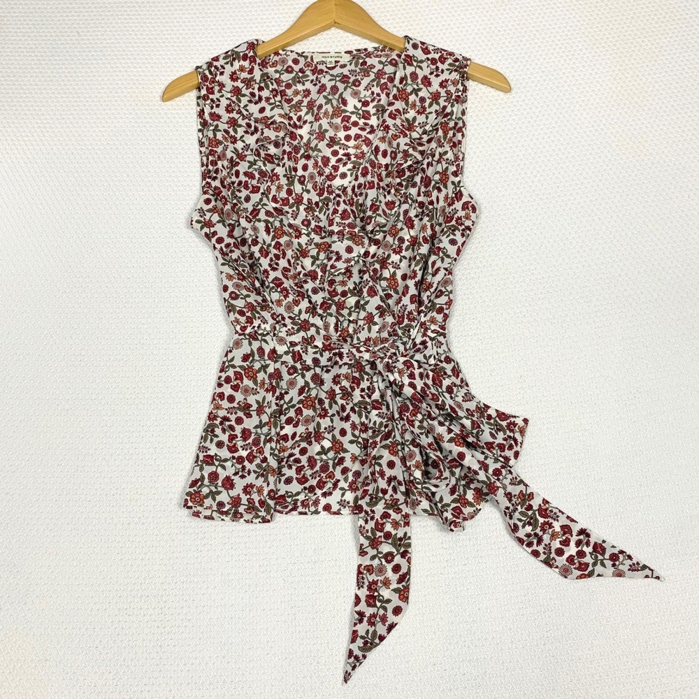 Max Studio Womens Floral Ruffle Wrap Top Red White Sleeveless Tie Waist Medium